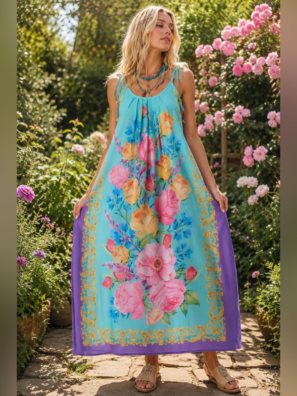 ❤️‍🔥 Aratta L Aqua Floral Dress Boho Floral Maxi Dress  - Aqua & Purple A-39